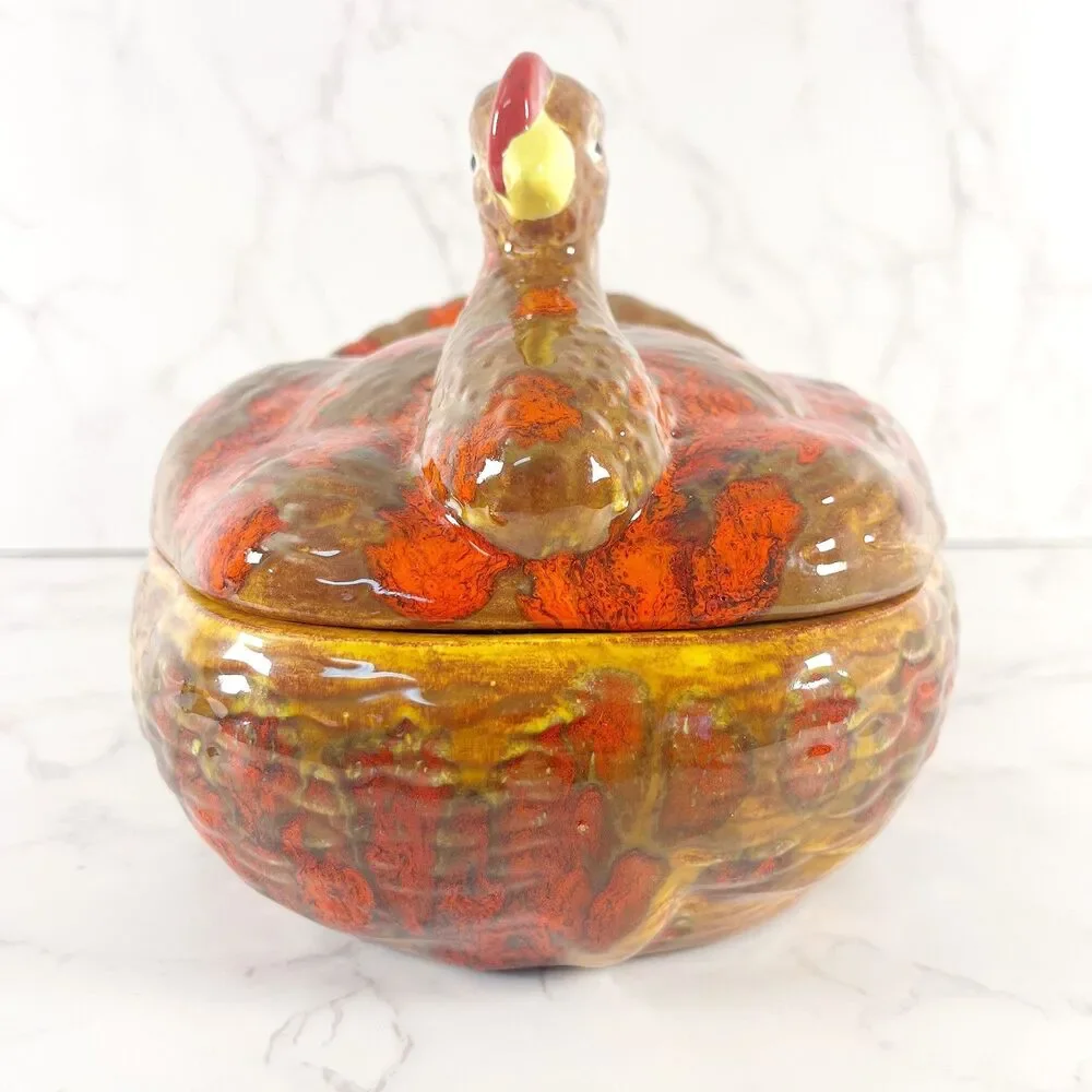 Vintage 1970s Ceramic Turkey Tureen with Lid Drip Glaze Fall Casserole Dish